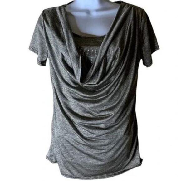 Candid Soul Tops Women's Size Large Draped Studded Neckline Short Sleeves Gray - Picture 2 of 8